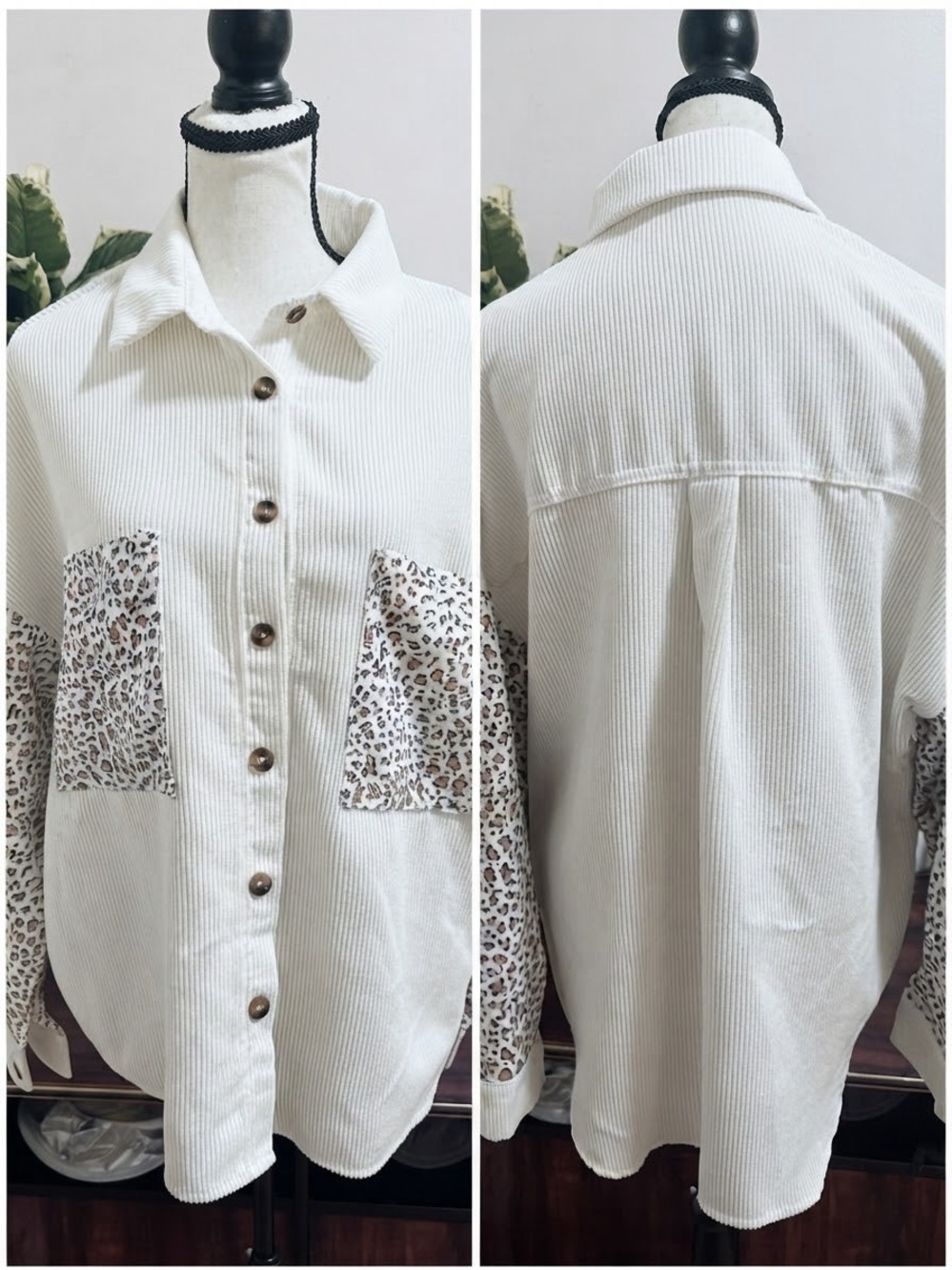 SHEIN Cream Button-Up Shirt with Leopard Print Pocket & Sleeve Panels
